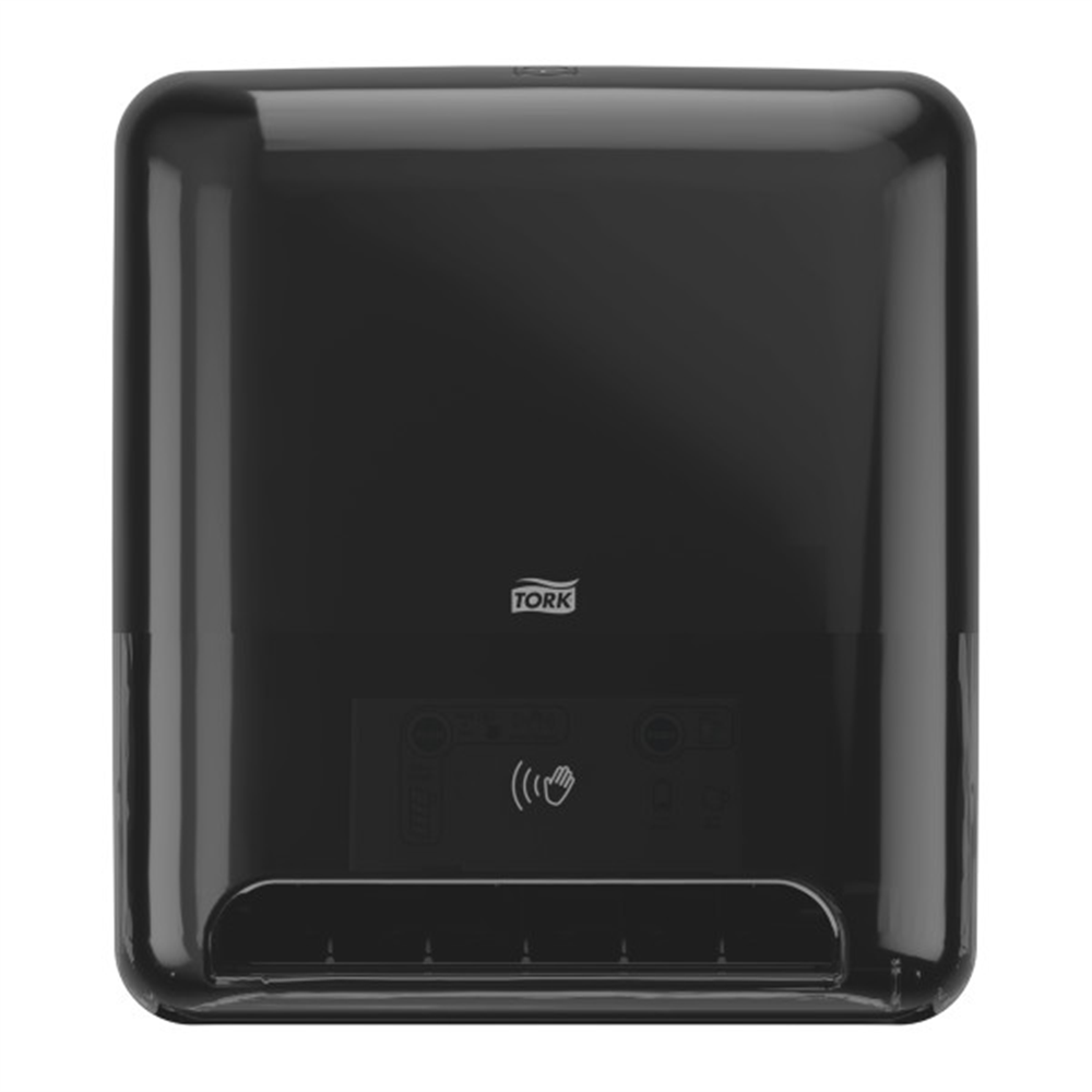 A black wall-mounted paper towel dispenser with a touchless sensor icon on the front. Tork Matic® Automatic Hand Towel Roll Dispenser (13 in. x 8 in. x 14.6 in., 1 Dispenser/Case)